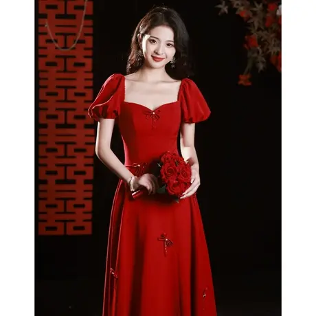 法式敬酒服2024新款新娘高级感重手工订婚礼服女夏季红色连衣裙商品大图
