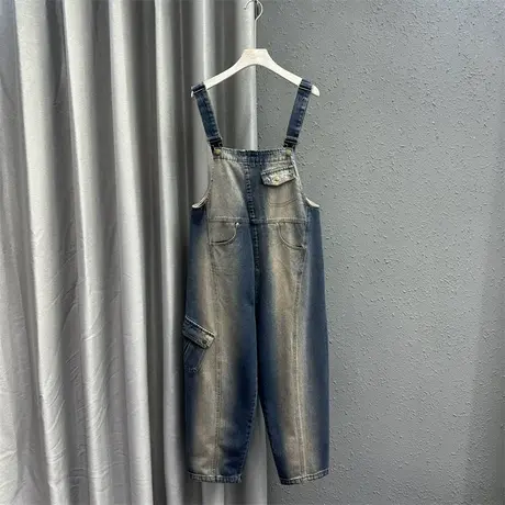 美式复古高腰牛仔背带裤2024春季新款侧口袋设计感款式显瘦长裤潮图片