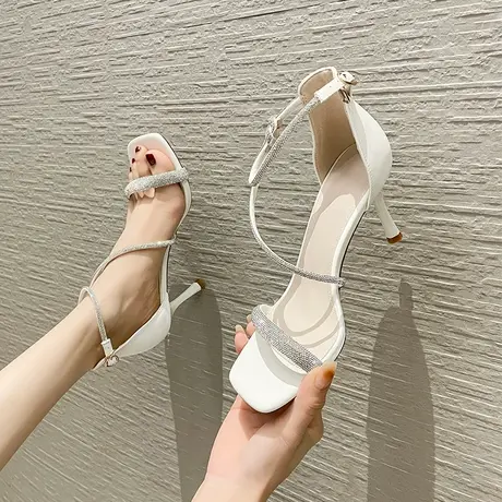 水钻法式凉鞋女细跟2024年夏季新款设计感小众名媛一字扣高跟鞋商品大图