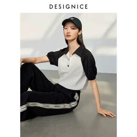 迪赛尼斯2024年春季新款通勤风设计感拼色宽松POLO领短袖T恤女图片