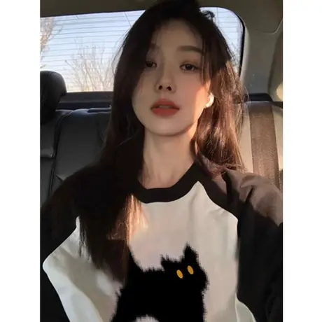 插肩撞色磨毛加厚长袖t恤女2024新款早春宽松内搭圆领打底衫上衣商品大图