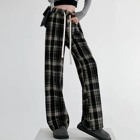 韩潮袭人复古格子阔腿裤女百搭宽松显瘦休闲直筒休闲裤图片