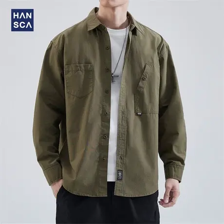 hansca纯棉长袖衬衫男2023春季日系复古休闲大码绿色工装衬衣外套商品大图