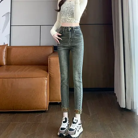 设计感小脚牛仔裤女2024早春新款高腰显瘦窄版做旧九分垂感铅笔裤图片