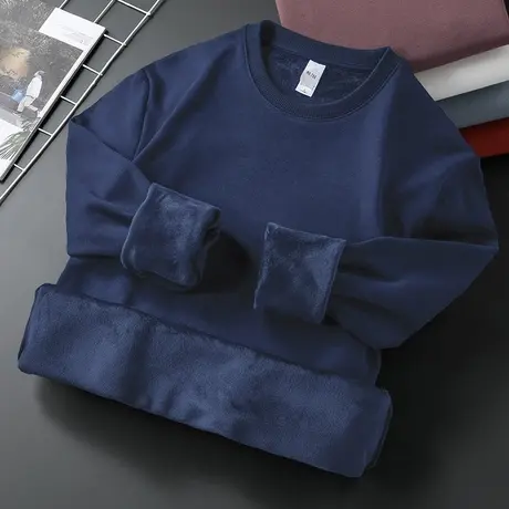 圆领长袖t恤男潮牌潮流秋冬加绒加厚内搭打底衫纯色卫衣保暖秋衣商品大图