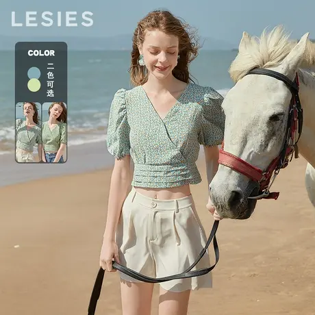 蓝色倾情夏新款女秋 V领清新碎花收腰性格露脐短款泡泡袖上衣商品大图