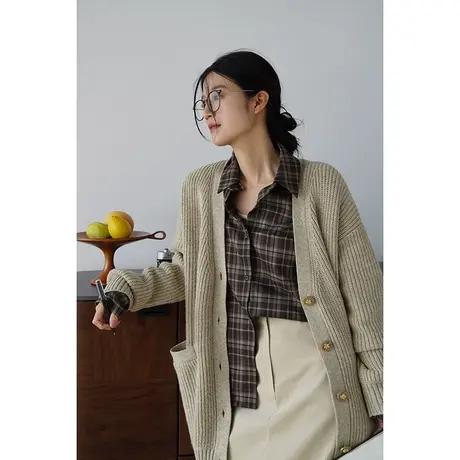 嘉茱莉2023秋季新款羊毛毛衣开衫外套女慵懒风中长款宽松针织开衫商品大图