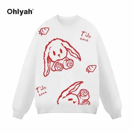 Ohlyah兔年潮牌红色卫衣女2023秋冬圆领本命年情侣团队定制衣服商品大图