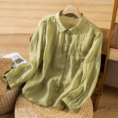 享永子刺绣宽松苎麻衬衫女文艺复古宽松休闲盐系上衣春夏2023新款商品大图