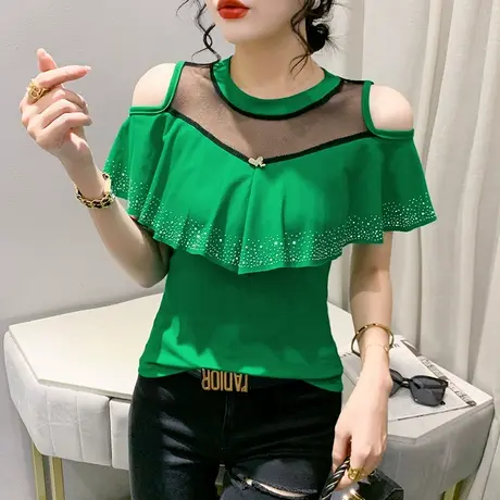 欧货性感露肩T恤女短袖夏装设计感洋气荷叶边小衫网纱拼接上衣潮商品大图