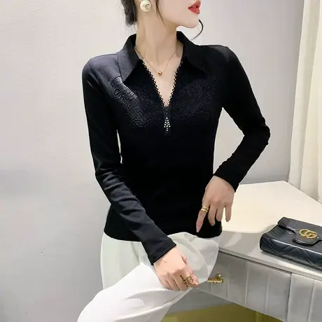 欧货复古重工烫钻拼接上衣气质拉链V领T恤女长袖洋气修身打底衫秋图片
