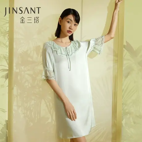 金三塔100%桑蚕丝真丝蕾丝拼接时尚甜美家居服女士睡裙23年新品图片