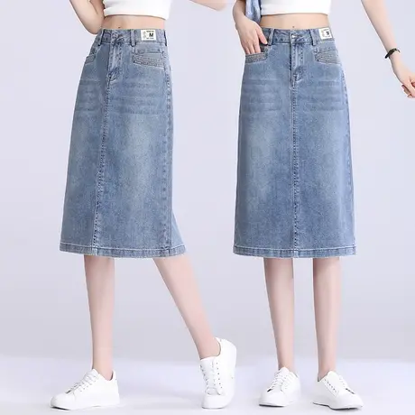 女士夏季中长款牛仔裙2023新款高腰时尚开叉半身裙韩版A字包臀裙图片