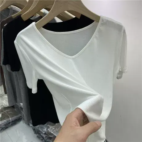 2023年夏季新款竖纹螺纹V领短袖t恤女士修身显瘦内搭小衫灰色上衣商品大图