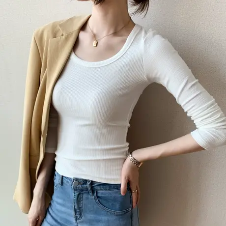 竖纹纯色打底衫女2023早春新款显瘦内搭螺纹上衣紧身圆领长袖T恤图片