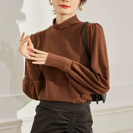 灯笼袖保暖半高领打底衫女秋冬新款坑条洋气内搭欧洲站泡泡袖上衣商品大图