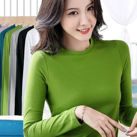 半高领纯棉长袖t恤女士秋季新款弹力修身显瘦打底衫休闲内搭上衣图片