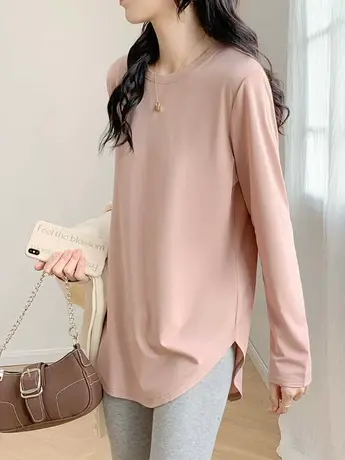 中长款宽松打底衫女内搭春秋冬洋气弧形开叉下摆长袖纯色t恤上衣图片