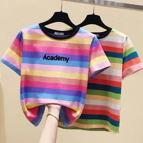 网红条纹印花上衣宽松短袖t恤女2023年新款ins夏季女装潮打底衫商品大图