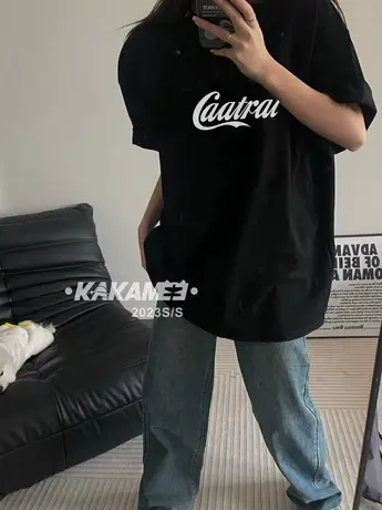 2023流行短袖t恤女夏装新款基本款黑色体恤女印花宽松设计感上衣T商品大图