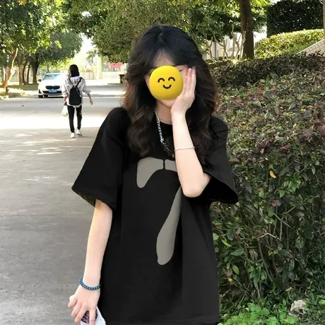 黑色夏季短袖t恤女小个子美式复古ins潮宽松圆领半袖上衣oversize商品大图