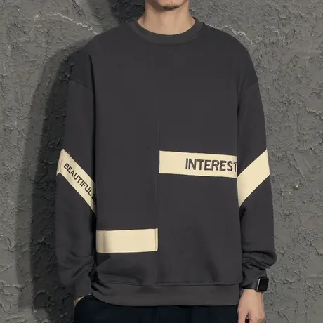 撞色拼接圆领卫衣男潮ins无帽嘻哈宽松套头上衣加绒外套男秋冬款商品大图