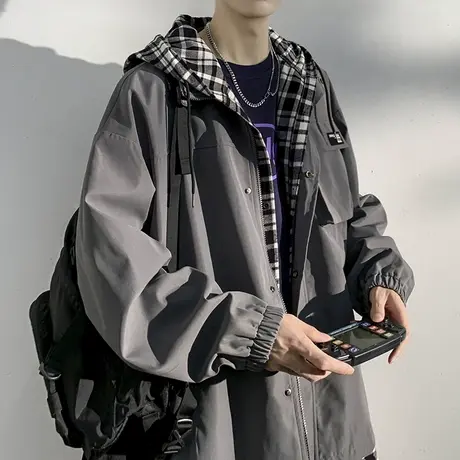 假两件连帽外套男士春秋季2023新款潮牌男生工装夹克休闲痞帅衣服商品大图