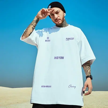 高街潮牌宽松T恤简约短袖男加肥加大五分袖纯棉肥佬夏季大码男装商品大图