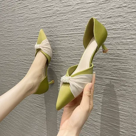 高跟鞋女细跟2023年春季新款尖头珍珠缎面法式小跟单鞋中空职业鞋商品大图