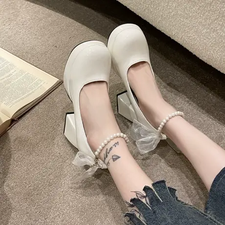 高跟鞋女2023夏季单鞋浅口粗跟气质配裙子的复古英伦风小皮鞋女款图片