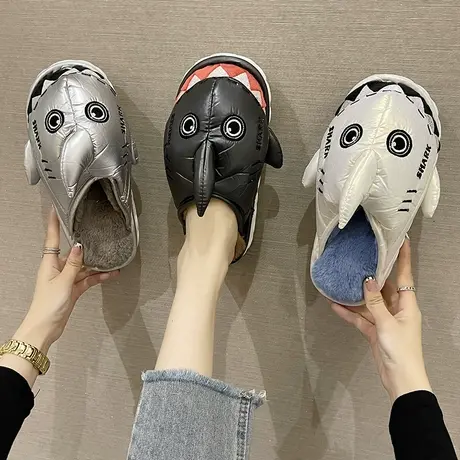 2023秋冬季卡通鲨鱼防水棉拖鞋女可外穿室内家居厚底防滑加绒情侣图片
