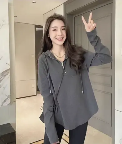 大码胖mm薄款灰色连帽春秋款时尚洋气宽松外搭长袖T恤女上衣200斤商品大图