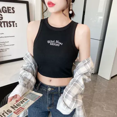 白色背心女刺绣内搭螺纹无袖吊带短款打底针织上衣外穿设计感网红图片