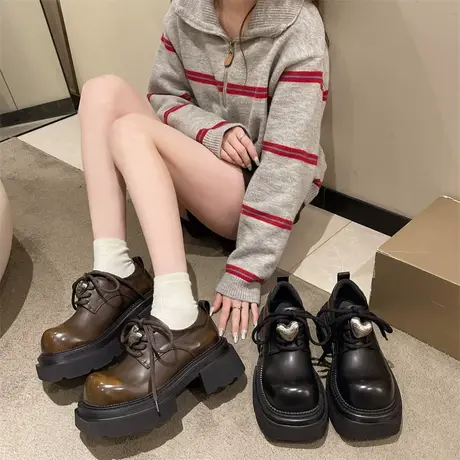 厚底乐福鞋女2024年春秋季新款复古英伦风粗跟单鞋大头高跟小皮鞋商品大图