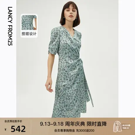 朗姿法式v领高级感茶歇裙印花泡泡袖连衣裙新款设计感小众裙子女商品大图