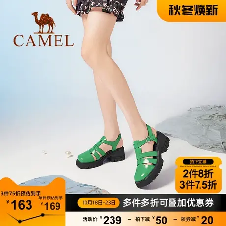 骆驼女鞋夏季新款休闲猪笼鞋罗马凉鞋女真皮厚底粗跟凉鞋女商品大图