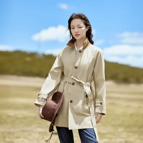 茵曼气质撞色翻领长袖风衣2023秋女装新款插肩袖系带收腰显瘦外套图片