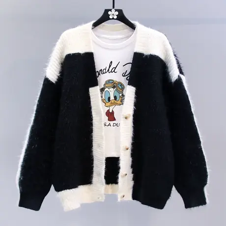 设计感小众黑色拼接毛衣外套女秋冬2023新款宽松慵懒风针织开衫商品大图