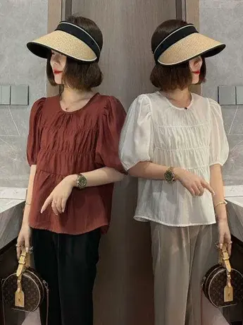 欧货设计感褶皱衬衫女2023夏季宽松法式气质娃娃衫泡泡袖小衫上衣商品大图