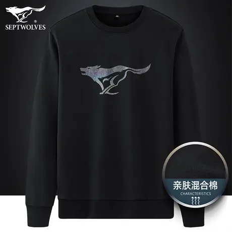七匹狼狼族生活圆领卫衣2023秋冬季狼标印花帅气青年黑色长袖T恤图片
