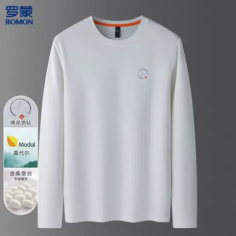 罗蒙含桑蚕丝烫钻胸标长袖t恤莫代尔男式t恤春秋装男士长袖t恤图片