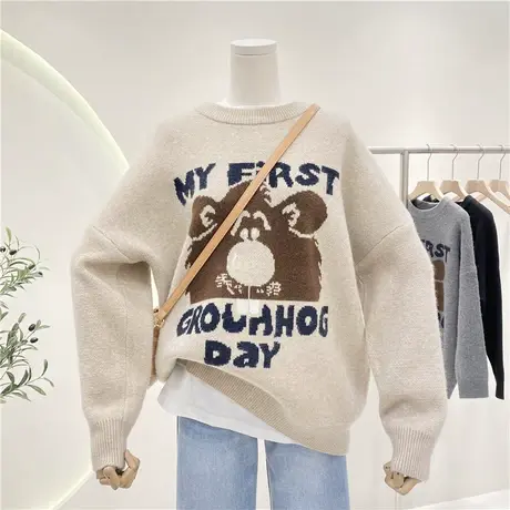 韩版休闲减龄卡通字母宽松大码针织衫圆领套头毛衣女冬款外穿上衣商品大图