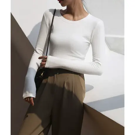 西装内搭打底衫女2023秋冬德绒白色t恤长袖洋气修身加绒加厚上衣商品大图