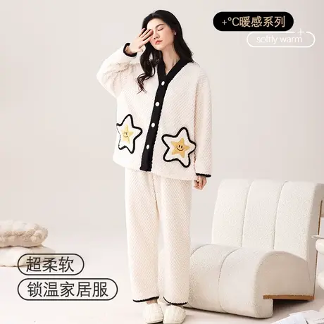 猫人珊瑚绒睡衣女士冬季2023年新款亲肤加绒加厚可外穿家居服套装商品大图