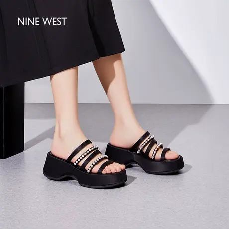 【商场同款】Nine West/玖熙厚底一字带凉鞋女夏水钻凉拖鞋防水台图片