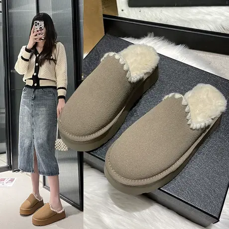 羊皮毛一体厚底毛毛鞋女外穿2023新款秋冬包头半拖鞋加绒雪地棉鞋商品大图