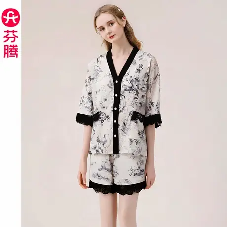 芬腾女夏季凉感冰丝短袖带胸垫睡衣套装夏天薄款透气仿真丝家居服商品大图