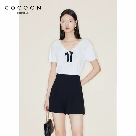可可尼COCOON商场同款夏季新款女装大V领设计蕾丝双层花边针织衫图片