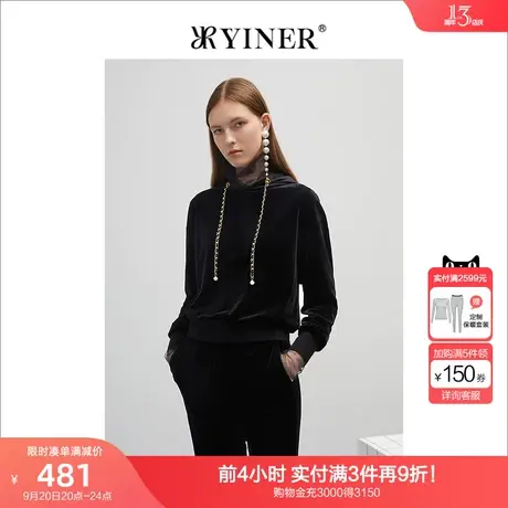 YINER音儿专柜女装2022春季新款灯芯绒金属抽绳连帽卫衣商品大图