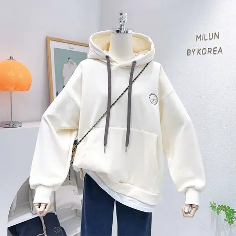 ins小熊假两件加绒上衣秋冬款韩版银狐绒加厚假两件连帽卫衣宽松图片